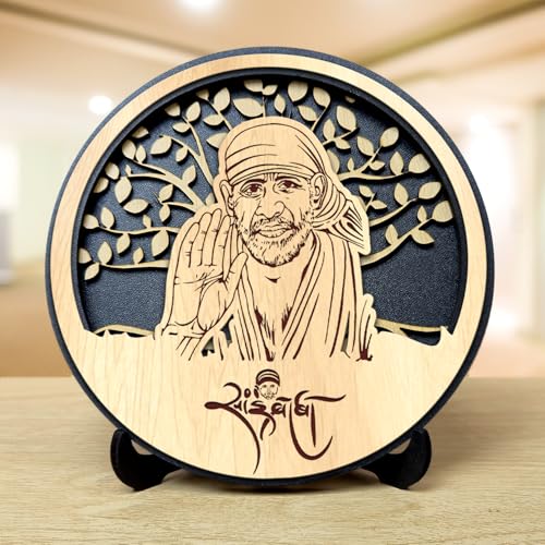 Image of Handcrafted Shirdi Sai Baba Wooden Idol for Home Decor & Office (15 x 15 cm) - Premium 4-Layer 3D Engraved Spiritual Figurine - Sacred Sai Baba Statue for Pooja Mandir, Gift & Protection