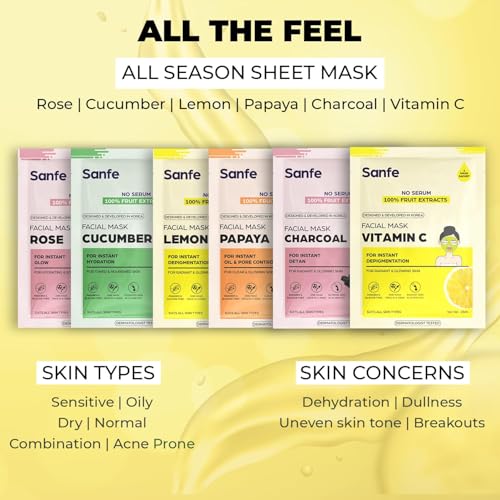 Image of Sanfe Face Sheet Mask Shade- Lemon | Brightening & Hydrating Care for Dull Skin | Oil Control Formula for Oily-Skin| Reduces Pigmentation | 25ml | Pack of 3