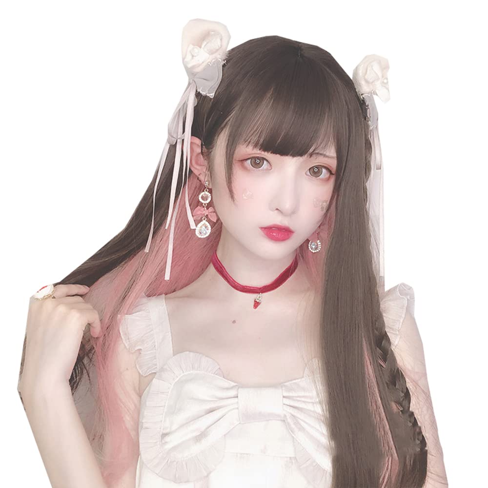Pink Ear-Dyeing JK Long Straight Hair Lolita Bangs Natural Wig Synthetic Fiber Cosplay Daily Heat Resistant Wigs Sweet Cute