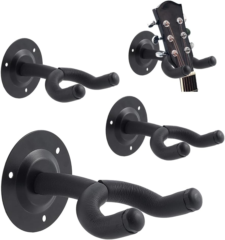 AHANDMAKER 4 Pack Wall Mount Hooks for Guitar Wall Hangers Space Saving Hanger Stand for Acoustic Electric Bass Guitar Electric Bass Music Studio Home Decor, Black