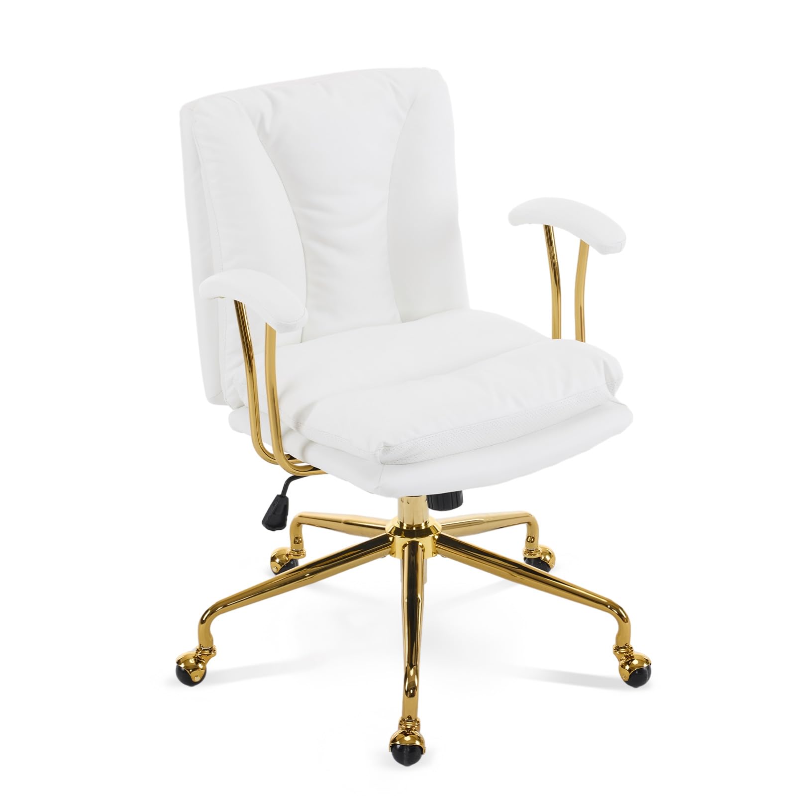 VINGLI Office Chair, Wingback Computer Desk Chair with Gold Metal Legs, Adjustable Swivel Task Chair with Padded Armrests, Ergonomic Home Office Chair for Bedroom Living Room, PU, White