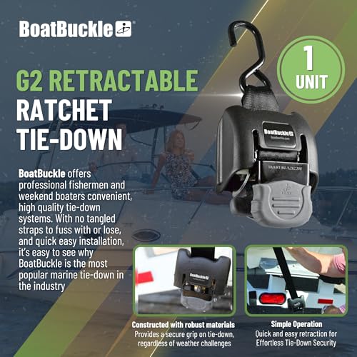 BoatBuckle Retractable Transom Tie Down Strap – Bolt On Retractable Ratchet Strap for Boat Trailer, Replaceable Boat Buckle for F08893, Intended for Freshwater Environments, 2x43 Inch, 1-Count | Storage Bag Not Included, Mount Hardware Included, Heavy Duty Webbing, Self Retracting Design Keeps Strap Neatly Stored Away - Image 2