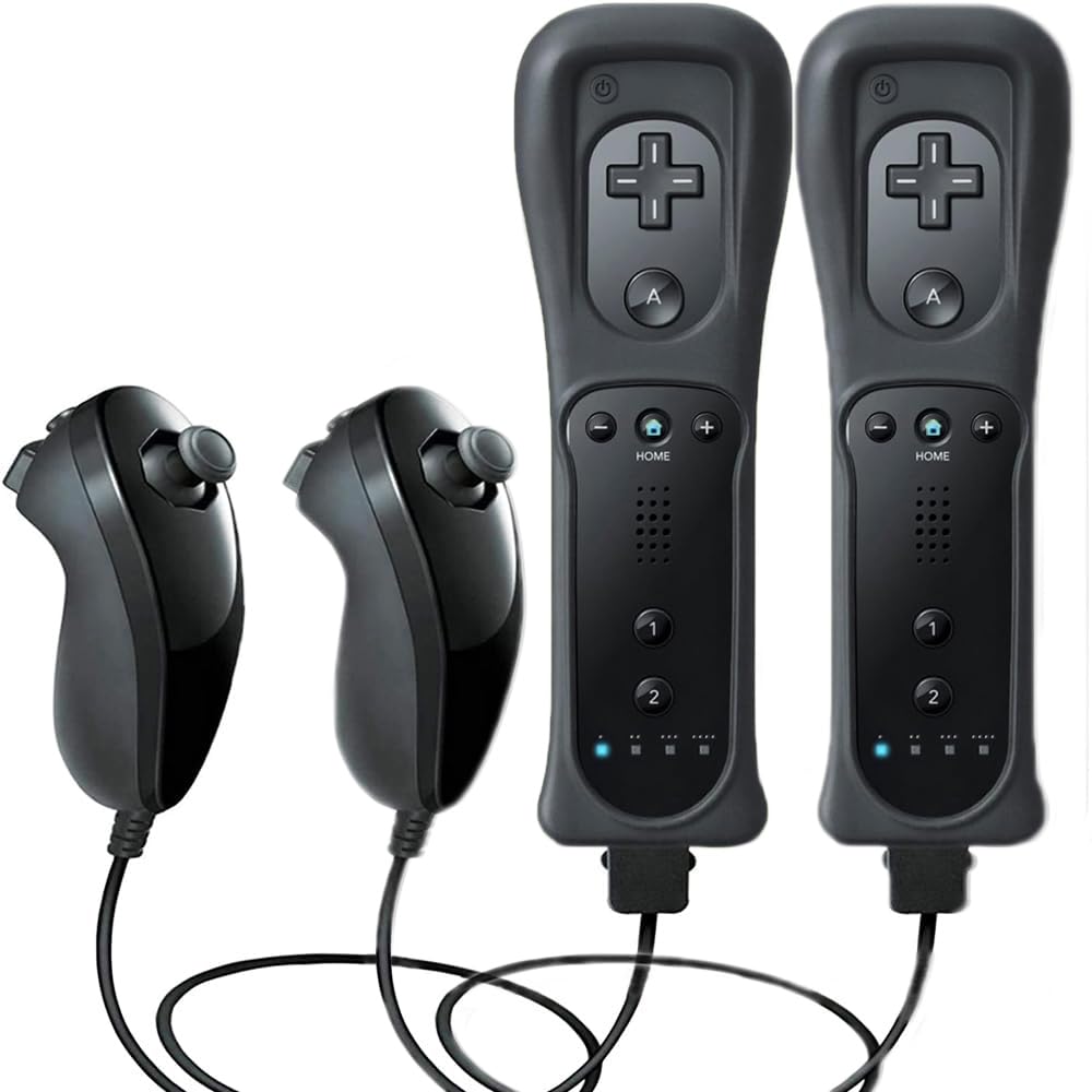 SONVIEE Wii Remote Controller et Nunchuck Joystick Télécommande de Remplacement pour Wii avec étui en Silicone et Dragonne (Sans Motion Plus-Noir 2er)