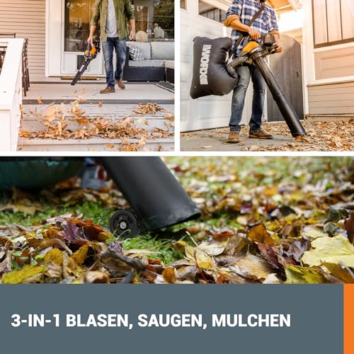 WORX WG583E.9 Akku-Laubbläser/Laubsauger 40V(2x20V), 2 in 1 zum Laub Zusammenkehren & Aufsaugen, max. 575 m³/h Blasleistung, 335km/h Luftstromgeschwindigkeit, 35L Fangsack (ohne Akku und Ladegerät) 3
