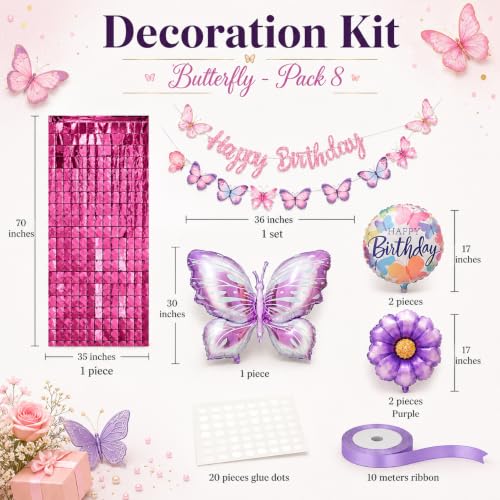 Image of AMFIN (Pack of 8) Butterfly Theme Birthday Decoration Kit Metallic Finish Women Girls Item Purple Rainbow Flower