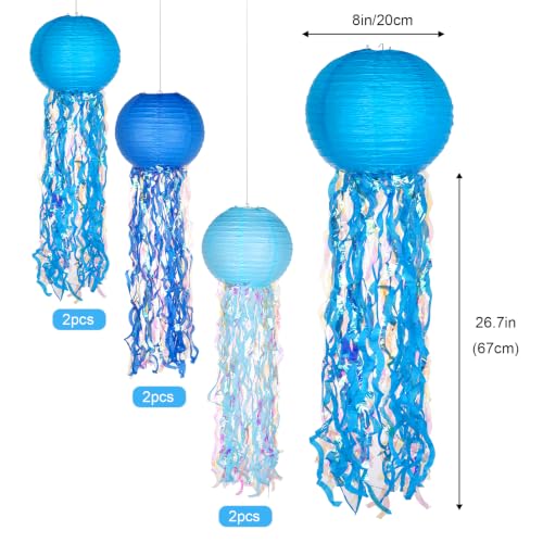 Image of Set of 6 Hanging Jellyfish Paper Lanterns Blue Jellyfish Decor for The Sea Ocean Party, Mermaid Birthday Decoration, Baby Shower, Nautical Events (Glitter Blue)