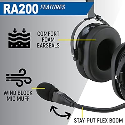 RA200 Aviation Pilot Headset for Student Pilots Flight Schools Flight Instructors Features Clear Hear Speakers Noise Canceling Microphone Foam Ear Seals Custom Fit Headband and Free Headset Bag