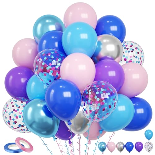 Image of Pink and Blue Balloons, 60PCS Dark Light Blue Purple Party Balloons, 12 Inch Pastel Confetti Pastel Pink Metallic Silver Balloon Helium for Kids Baby Shower Gender Reveal Birthday Party Decorations