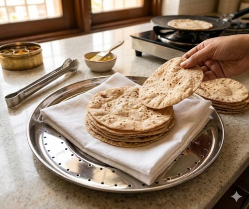 Image of Stainless Steel Chapati Basket & Bhakhri Dish, Heavy Duty Roti Serving Plate for Chapati, Bhakri, Khakhra, Naan, Paratha Puri, Rust-Resistant Indian Bread Serving Tray for Home, Kitchen & Dining Table