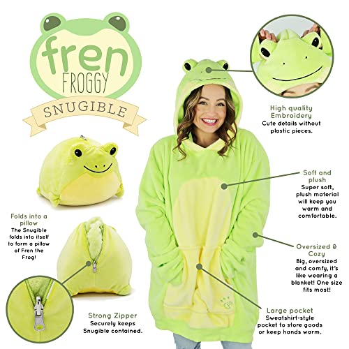 Image of Plushible Wearable Hooded Blanket for Adults, Oversized Hoodie with Sleeves & Pocket, 2-in-1 Comfy Hoodie Blanket Pillow - Frog