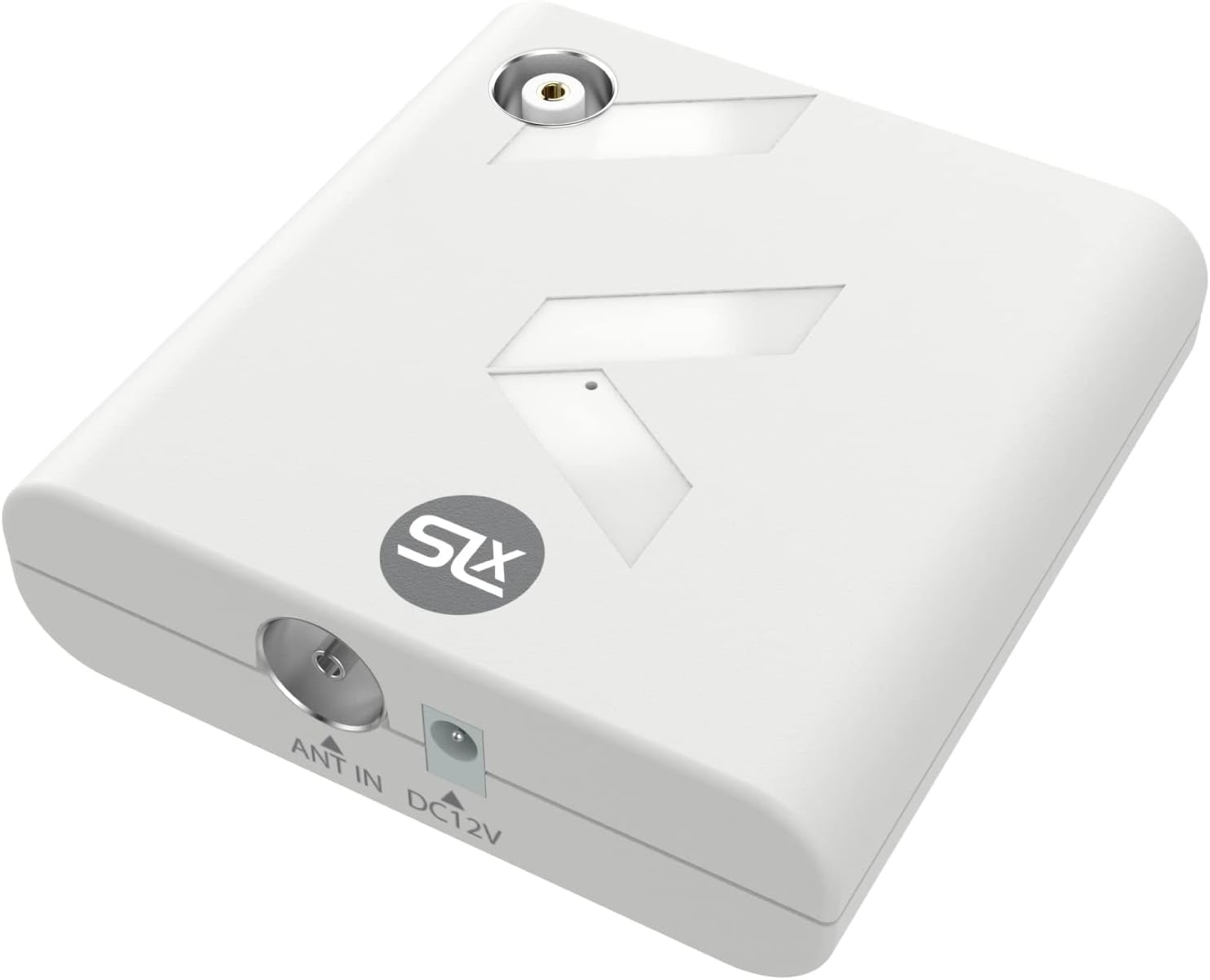 SLx TV Signal Booster Aerial Amplifier, 4G and 5G Filter, 1 Output, 1 Way Compact Amplifier Booster Box for Indoor TV Aerial, HD TV/Freeview, Variable Gain Control, White