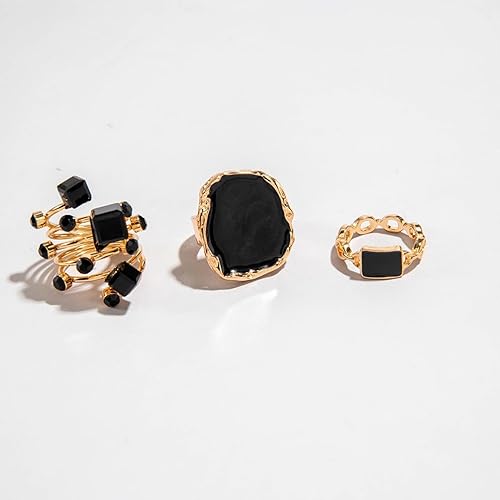 Vista 4 de Juego de anillos gruesos de esmalte dorado y negro para mujer, anillo vintage grande entrelazado de circonita cúbica de cristal entretejido, lindo