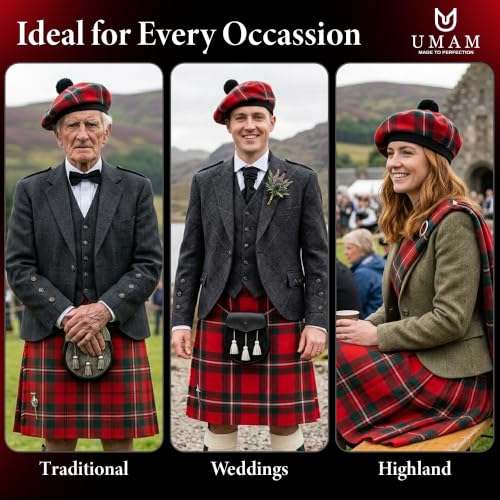 Image of Scottish Tam O' Shanter Hat Tartan Bonnet Pom Pom Wool Flat Cap One Size