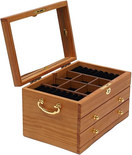 Joyero organizador de 3 capas con espejo y cerradura, joyeros de madera con 2 cajones, almacenamiento de joyas para anillos, aretes, pulseras,