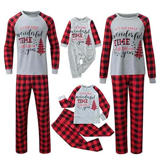 Conjunto de Pijamas Navideños Familiares A Juego A Cuadros Reno Estampado para Mujer Hombre Niños Bebe Niña 2 Piezas Top Camiseta y Pantalones Manga Larga Camisón Invierno Regalo Casual Homewear