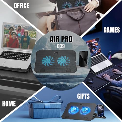 Image of CLAW Air Pro C39 Laptop Cooling Pad with Dual 125mm Fans (1000 RPM), Mobile Stand, Anti-Slip Baffle, 5 Height Levels, 2 USB 2.0 Ports, Supports Up to 17-Inch Laptops - Black