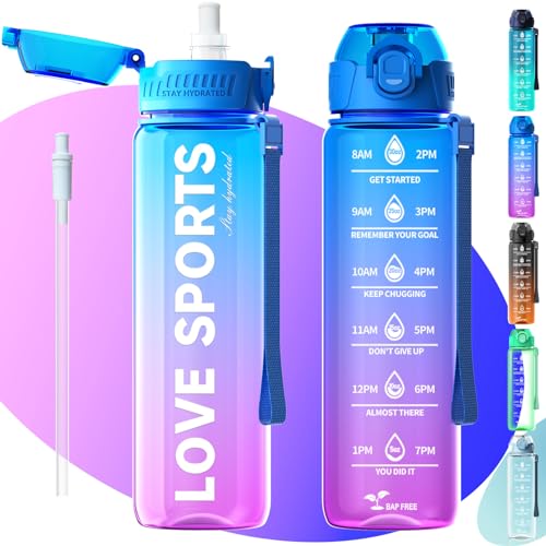 MYFOREST Trinkflasche (großer/klein Schluck 2-in-1) 100% spülmaschinenfest, BPA-frei Wasserflasche, stoßfest, Zeitmarker für motivierende Flüssigkeitszufuhr