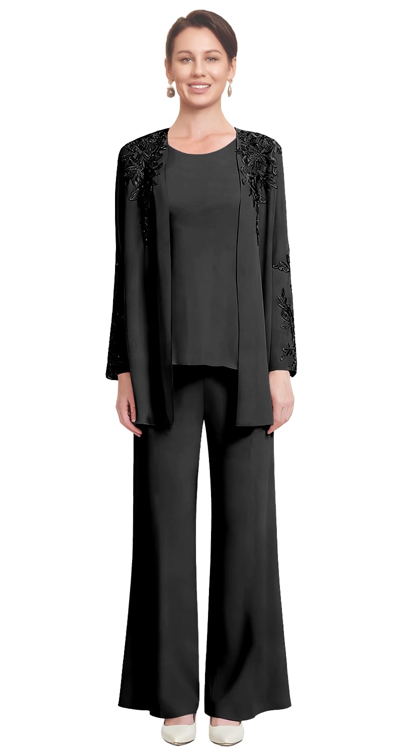 3 Piece Mother of The Bride Pant Suits for Wedding Chiffon Laces Appliques Formal Evening Outfit for Women