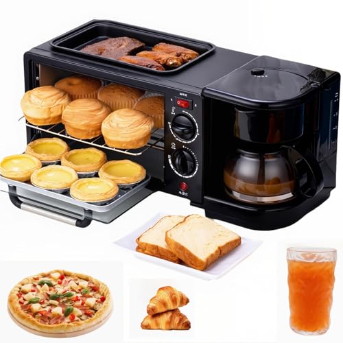 Stazione per la Colazione 3 In 1, Macchina per la Colazione Multifunzione con Padella Antiaderente + Caffè da 400 Ml, Controllo della Temperatura da 100 a 230° + Macchina per Cottura Con
