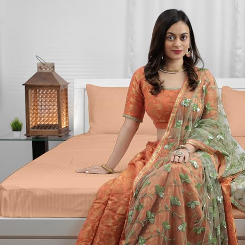 Image of Divine Casa 100% Cotton 210 TC King Size Bedsheet Italian Stripe | Soft Breathable Bed Sheet with 2 Pillow Covers | Luxury Stripe Bedding Set for King Size Bed | 275 x 275 cm (Peach, Striped)