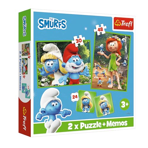 Trefl. Pitufos, diversión pitufa. 3 en 1: 2 puzles + Juego de Memoria, 30 y 48 Piezas, Distintos Grados de dificultad, 24 Pares de Tarjetas de Memoria. Juego para niñas y niños a Partir de 3 años.