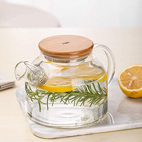 KELVEE Glass Kettle 1 Teapot Wooden Lid with 1 Wooden Tray and 4 Tea Cup Tableware Serving Set Heat-Resistant Glass Hot Water Bottle Flower Brewed Loose Leaf Tea Filter Spout- Set of 6, 1 Liter