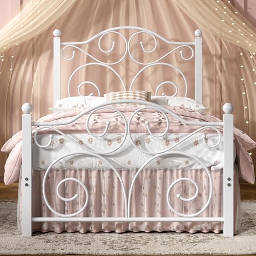Image of VECELO Twin Size Bed Frame with Headboard and Footboard, Heavy Duty Metal Slat Support, Platform Mattress Foundation, No Box Spring Needed, Easy Assembly, White