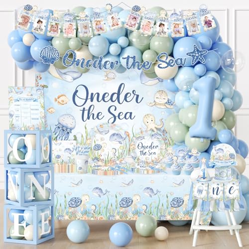 272Pcs Oneder the Sea Party Decorations Ocean Themed Party Decorations with Monthly Photo Banner Backdrop Plates Napkins Tablecloth Balloon Box Cake Topper for Boys Girls 1st Birthday Party