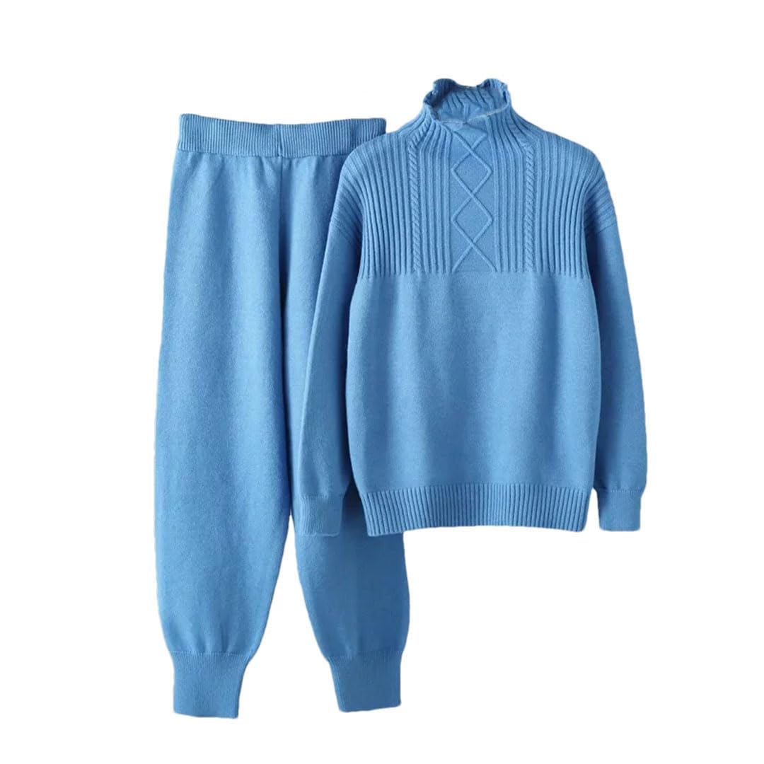 Donne Caldo Dolcevita Maglione Pullover Top Maglia 2 Pezzi Set Vita Alta Harem Pantaloni Tuta, Blu, XL