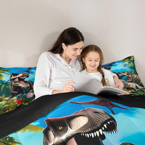 Image of Feelyou Dinosaur Dino Jungle Comforter Set King Size Boys Girls Bedding | Children Wild Animal All Season Breathable Soft Duvet Set Quilt Set Room Decor Microfiber 3Pcs Warm Cozy Lightweight