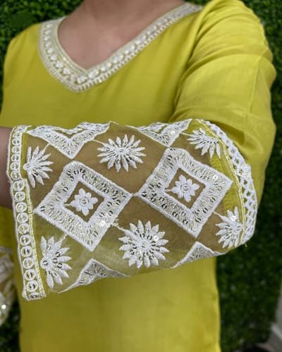 Image of Shiv Textiles Women's Chanderi Silk Embroidered Kurta Pant Dupatta Set(JDA-Kamya-Yellow-L)