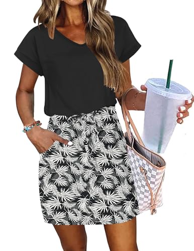 Image of AUSELILY Womens Summer Mini Dress, Short Sleeve V Neck Drawstring Casual | Soft smooth drape with an adjustable drawstring waist for beach, casual outings and daily wear