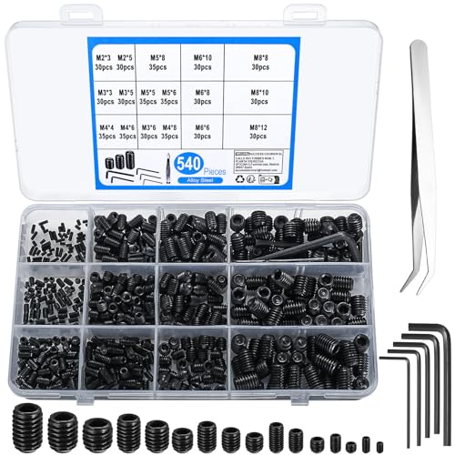 540 Pièces Vis Sans Tête, Assortiment de Vis à Tête Hex Creux, Vis à Tête Hexagonale en acier allié, M2/M3/M4/M5/M6/M8 Vis Écrous de Fixations avec...