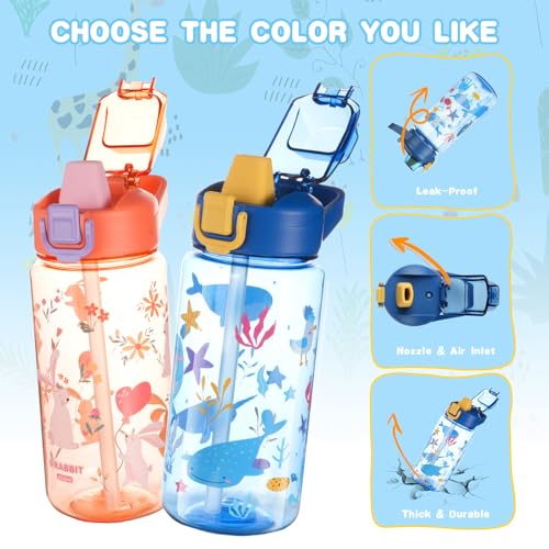 flintronic 600ml Trinkflasche Kinder, Kindertrinkflasche mit Strohhalm, BPA-freie Kinder-Wasserflaschen, Sportwasserflasche mit Auslaufsicherem Flip-Top-Deckel für Mädchen und Jungen, Blau