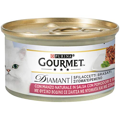 PURINA GOURMET DIAMANT Umido Gatto Sfilaccetti Brasati con Manzo in Salsa con Pomodori e Spinaci- 24 lattine da 85g ciascuna (confezione da 24x85g)