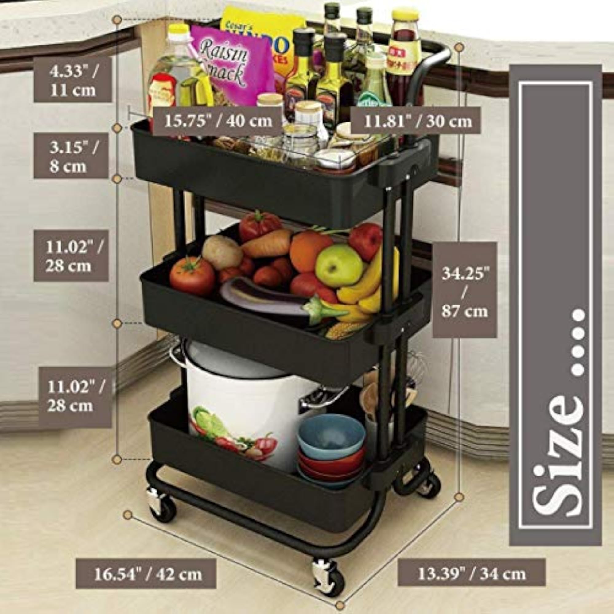 3-Tier Kitchen Storage Trolley Rack with Caster Wheels, Rolling Cart