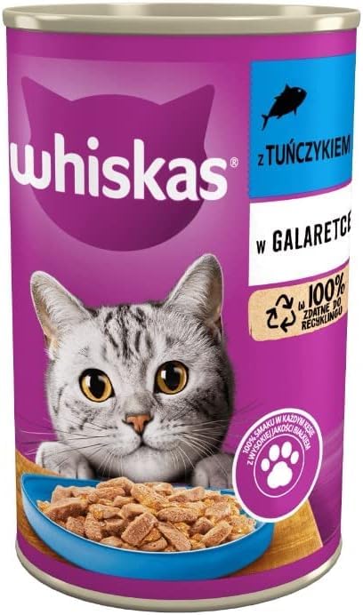 Whiskas Comida Humeda en Lata para Gatos Adult 1+ mezcla de sabor en gelatina con atún, pollo y pato, 18 latas (18 x 400 g)