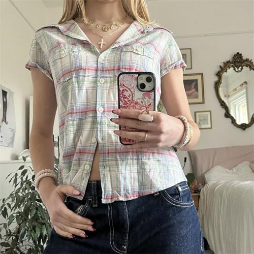 Image of Y2k Girls Vintage Coquette Button Down Shirt Women Short Sleeve V-Neck Slim Fitted T-Shirt Cute Blouse Crop Top