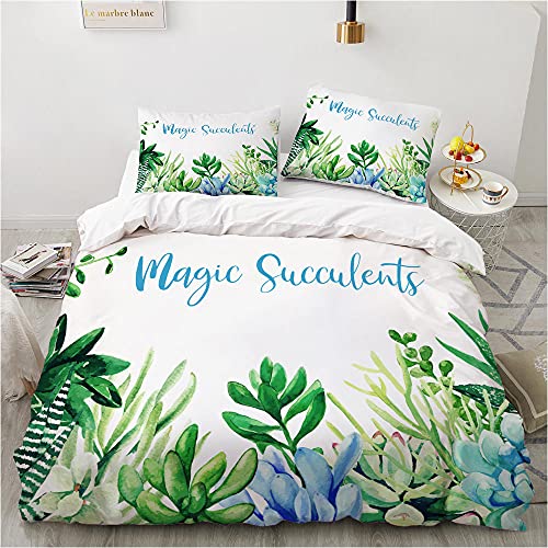 Funda Nordica Cama 150/135 Suculentas Verdes, Ropa de Cama 150x200 de Microfibra Suave 120gsm, Funda de Edredón 220 x 240 cm con 2 Fundas de Almohada