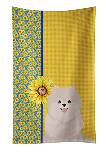 Caroline's Treasures WDK5459KTWL Summer Sunflowers White Pomeranian Kitchen Towel Dish Cloths Guest Hand Towel Decorative Bathroom Towel for Face,Tea, Dishcloth, Kitchen and Bath