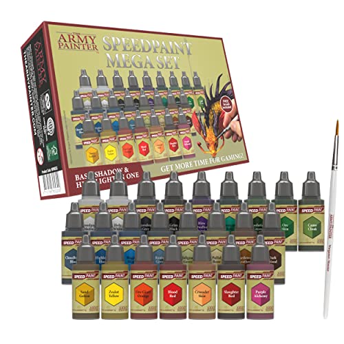 The Army Painter Speedpaint Mega Paint Set di 24 flaconi di colori acrilici atossici da 18 ml, tra cui 1 pennello per mini figure e pittura in miniatura