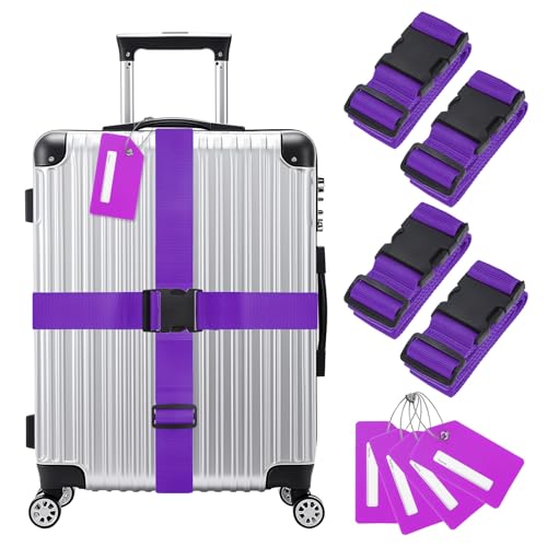 Image of M METERXITY 4-Sets Luggage Straps TSA Approved, Travel Straps for Luggage Suitcase Tags Set, Adjustable Suitcase Belt [Purple]