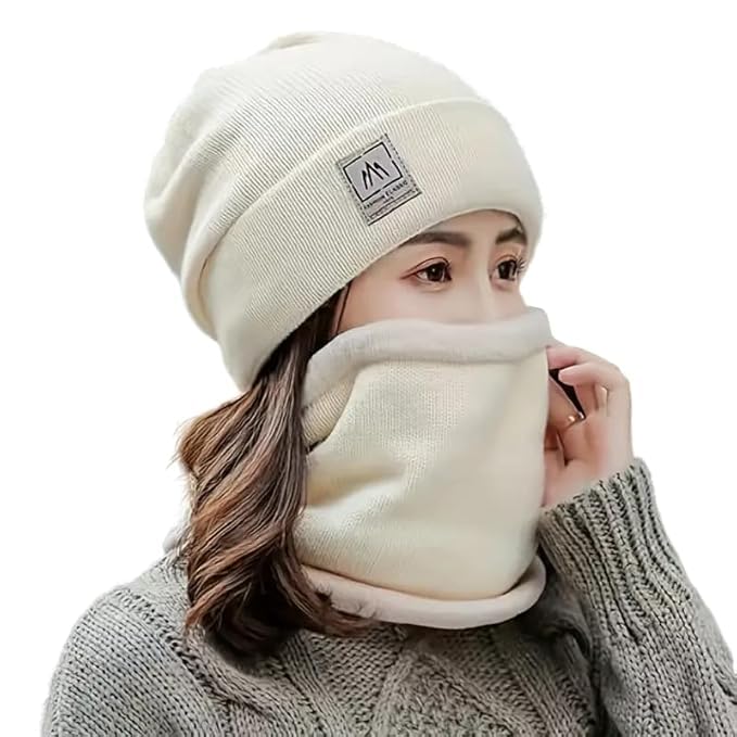 Unisex Winter Woolen Cap Neck Warmer Scarf Set for Men and Women Warm Knitted Beanie Cap Soft Velvet Fur Skull Windproof Hat | Winter Capset