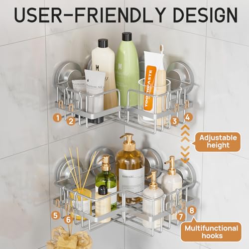 LEVERLOC 2 Pack Strong Suction Cup Corner Shower Caddy, Large Capacity Removable Bathroom Organizer, Stainless Steel Rustproof Shower Shelves with Hook, Drill-Free Wall Mounted Suction Basket, Black by LEVERLOC - Image 5