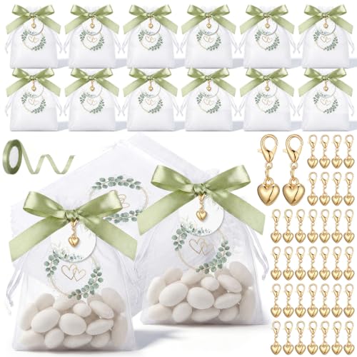 Hestya 50 Sachets Dragées avec Porte-Clés Cœur, Étiquettes Eucalyptus et Ruban Vert – Pochettes Bonbon pour Mariage, Baptême ou Communion