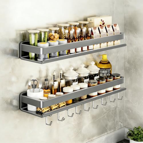 Wapasezyar Gewürzregal Wand 2er Set, mit 6 Plastik Haken, Gewürzregal Schranktür, Hakenleiste Hängend Gewürzregal, stilvoll stabil, einfache Montage 40X10X3.5cm ﻿