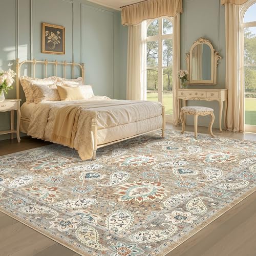 Tortania Area Rug Living Room Rugs - 10x14 Washable Boho Rug Vintage Oriental Distressed Farmhouse Large Thin Indoor Carpet for Living Room Bedroom Under Dining Table Home Office - Paisley Brown
