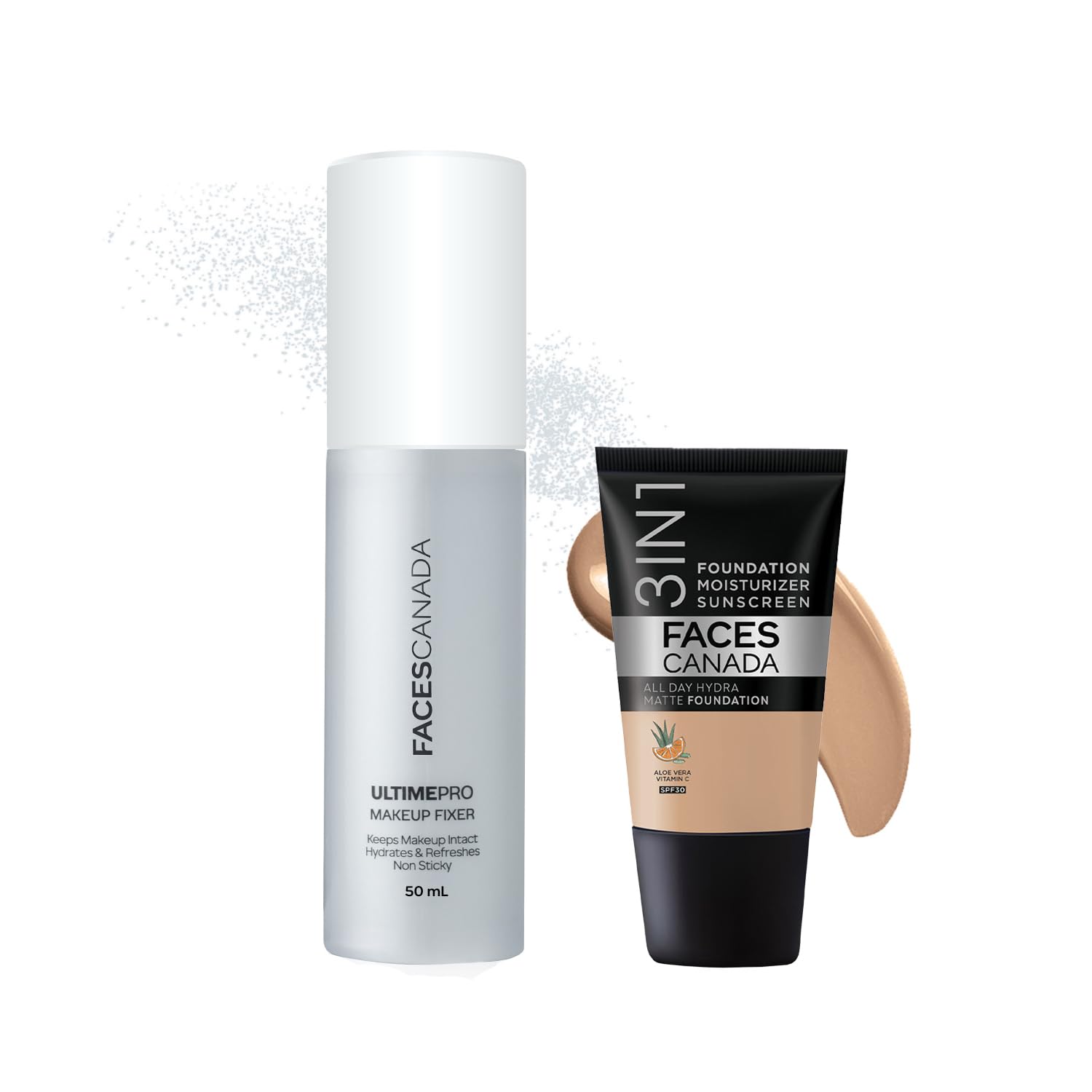 FACES CANADA Waterproof Fix & Finish Kit | Makeup Fixer (50ml) + Medium Natural All Day Hydra Matte Mini Foundation (18ml) | Makeup Kit For Women (Combo Pack of 2)