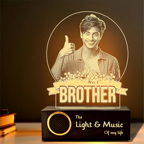 Image of ZOCI VOCI Personalized Rakhi Gift - No.1 Brother Custom UV Printed LED Photo Lamp with BT Speaker, WW Acrylic Night Lamp with Wooden Base, Customized Rakshabandhan Gift