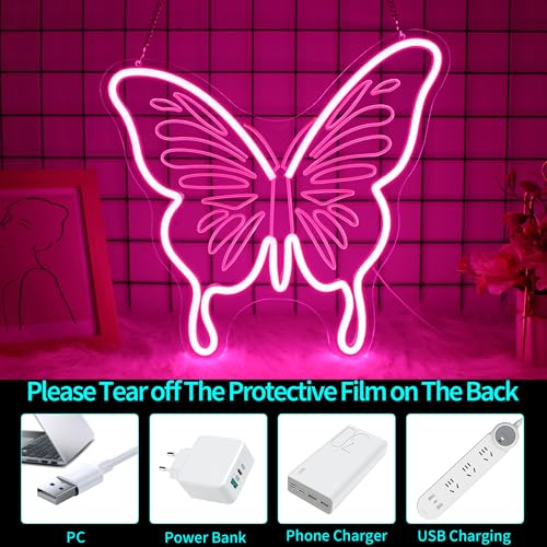 Image of Butterfly Neon Sign, JGHTURIE Pink Neon Signs for Wall Decor Engraved LED Light Up Sign Room Decor for Club Party Bar Signs Decoration USB Powered